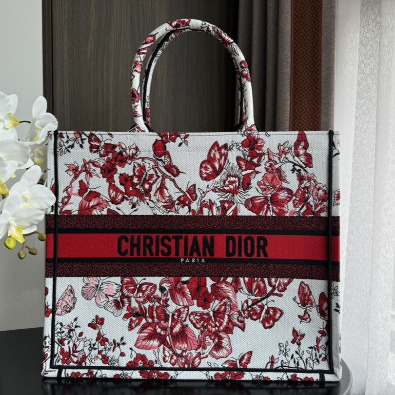 Luxury DiorLarge Book Tote 42cm White and Red Heart Butterfly Embroidery