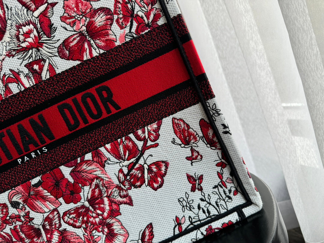 Luxury DiorLarge Book Tote 42cm White and Red Heart Butterfly Embroidery