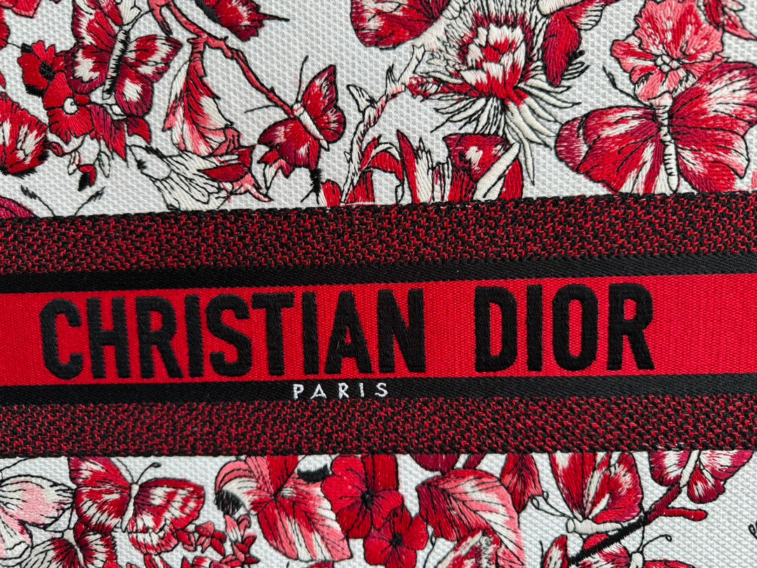 Luxury DiorLarge Book Tote 42cm White and Red Heart Butterfly Embroidery