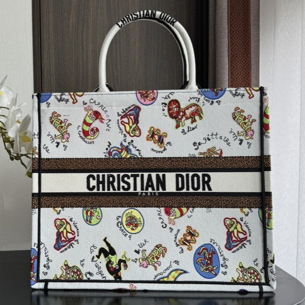 Luxury DiorLarge Book Tote 42cm White Multicolor Dragon Zodiac Embroidery