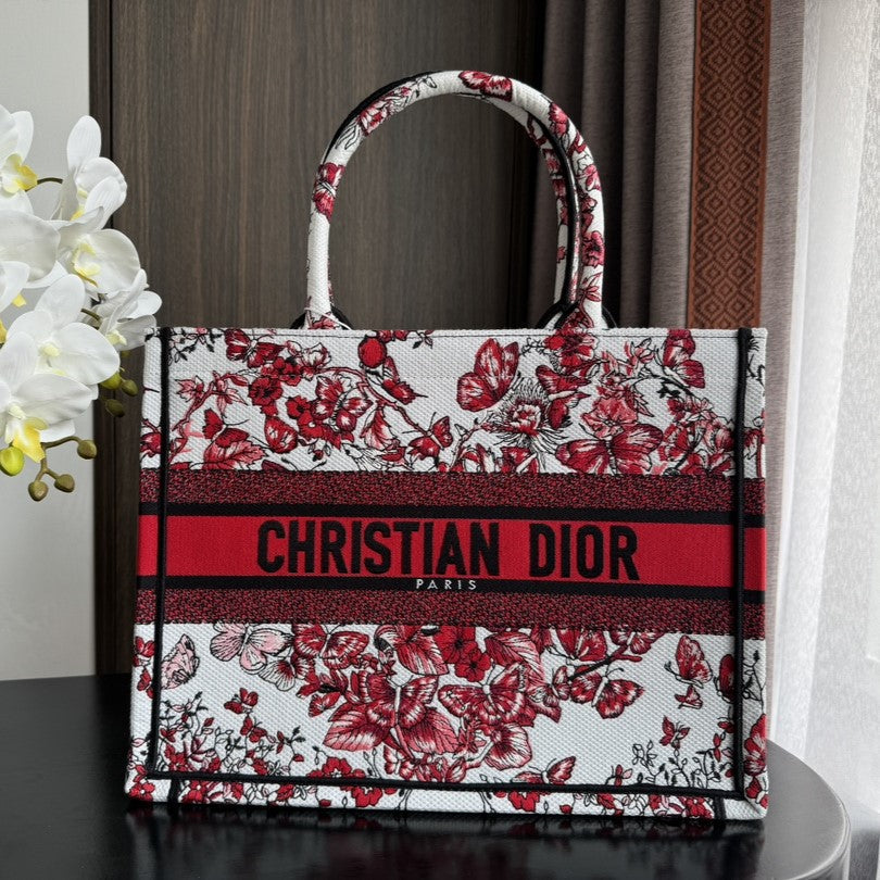 Luxury DiorMedium Book Tote 36cm White and Red Heart Butterfly Embroidery