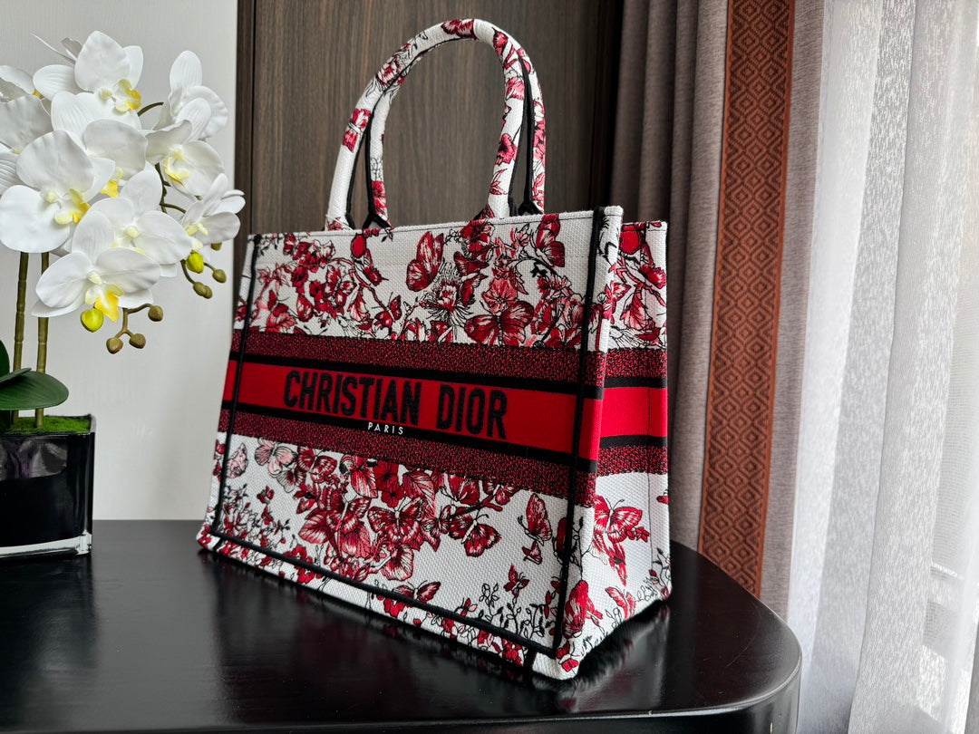 Luxury DiorMedium Book Tote 36cm White and Red Heart Butterfly Embroidery