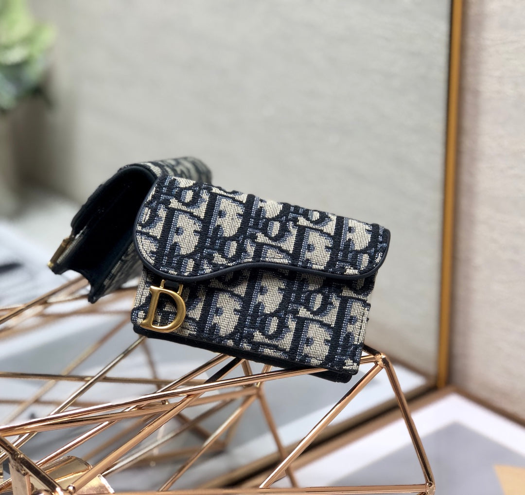 Luxury DiorSaddle Wallet 10.5cm Blue Obique Embroidery