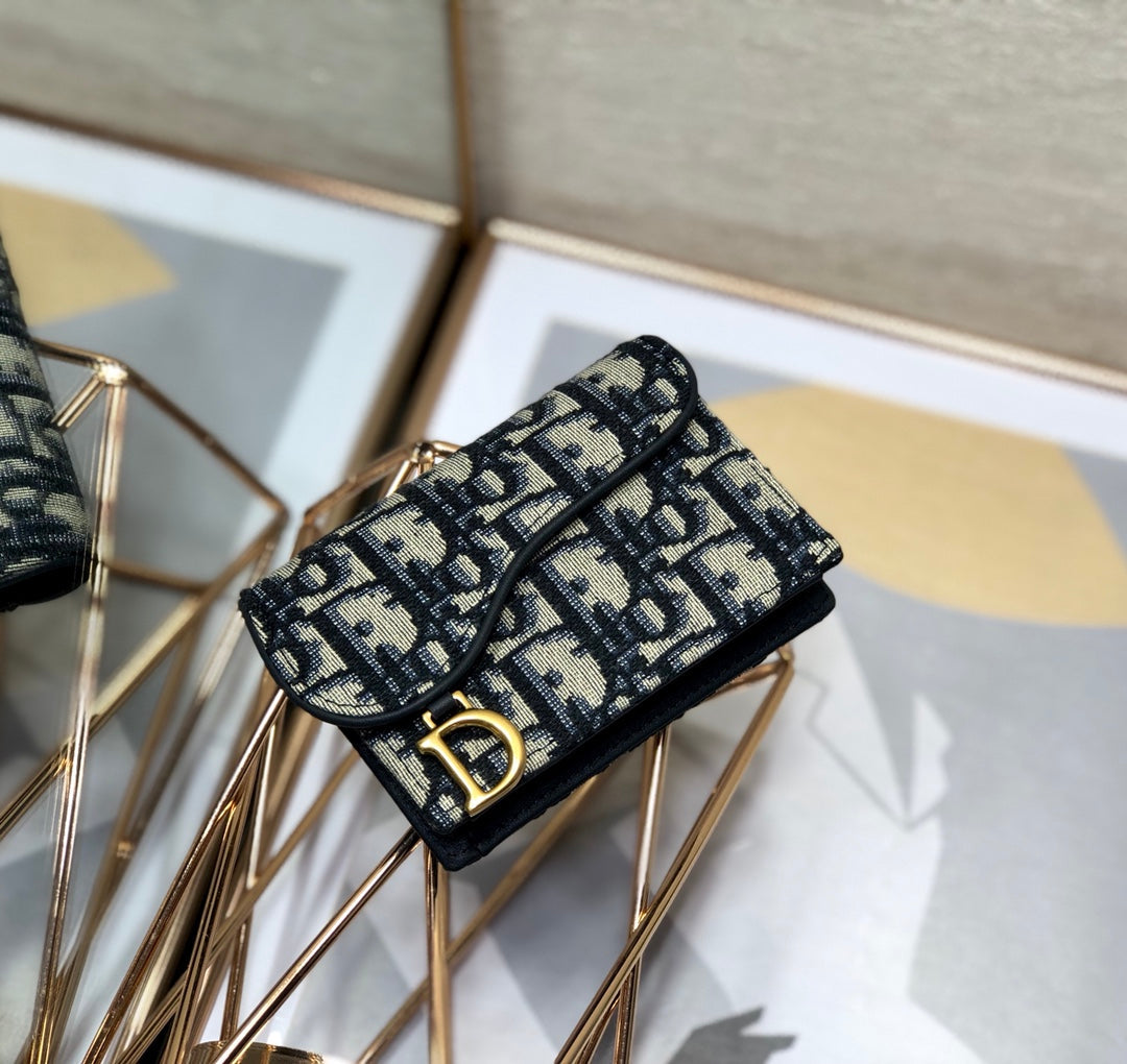 Luxury DiorSaddle Wallet 10.5cm Blue Obique Embroidery