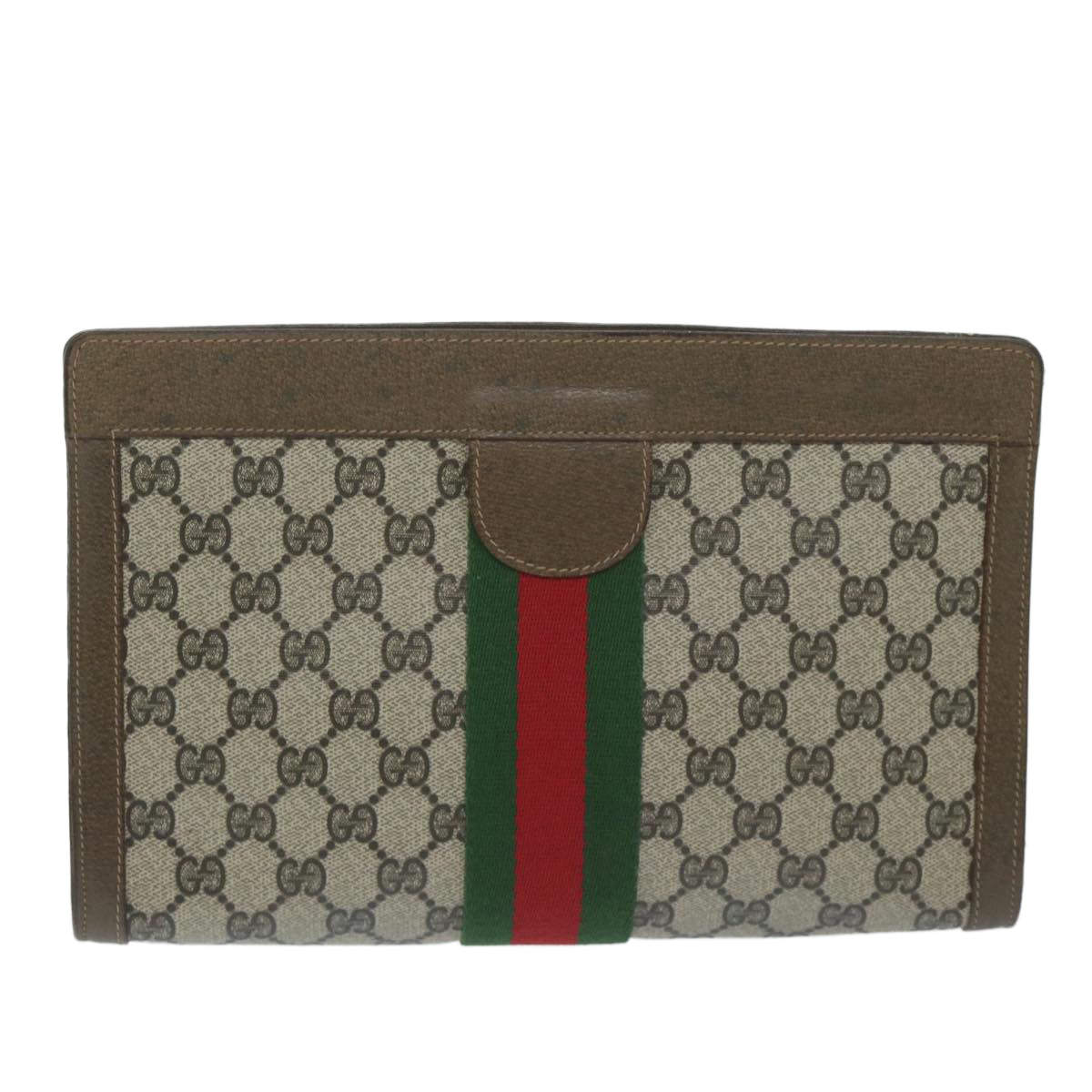 GUCCI GG Canvas Web Sherry Line Clutch Bag PVC Beige Red Green  10133