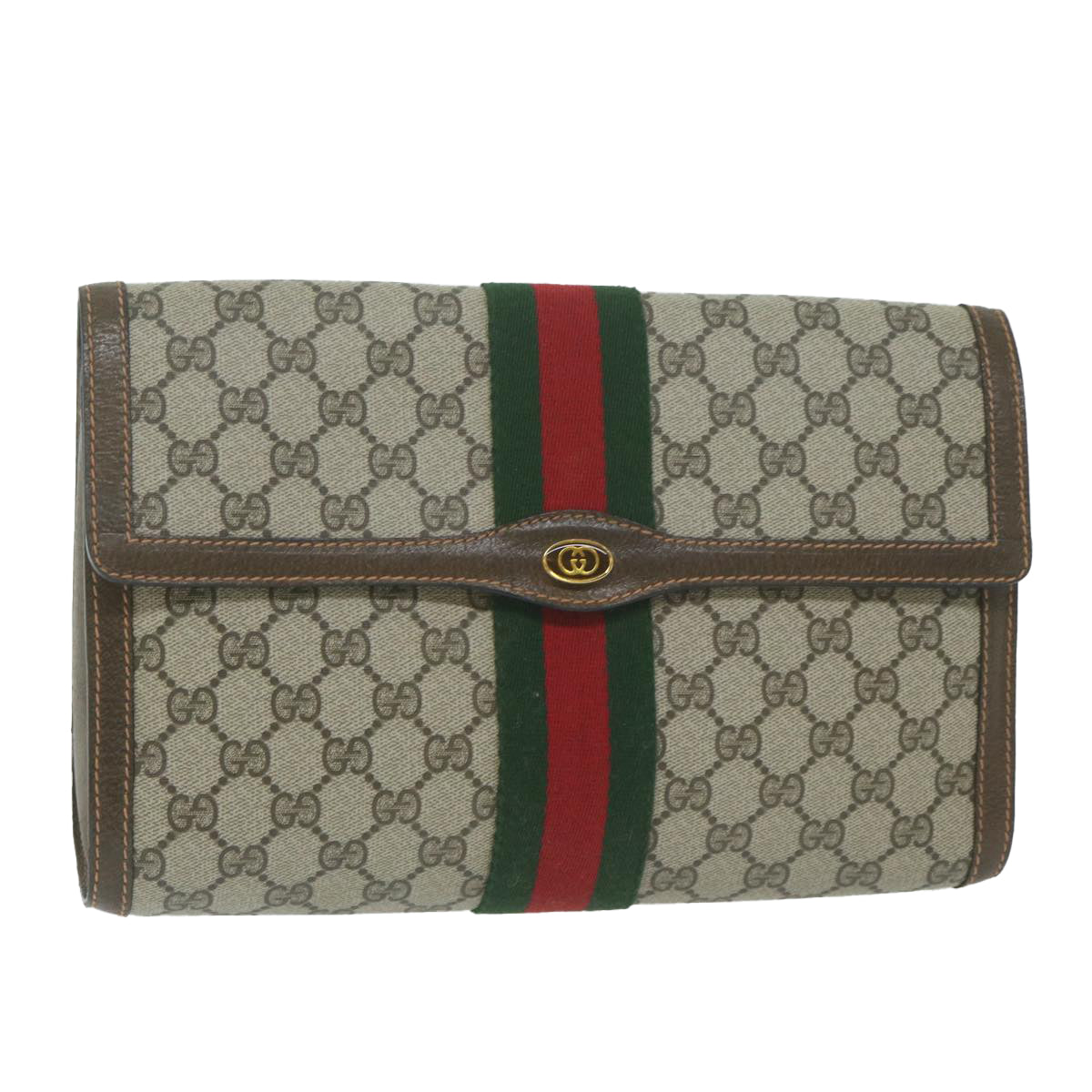GUCCI GG Supreme Web Sherry Line Clutch Bag Beige Green 89 01 007  10216