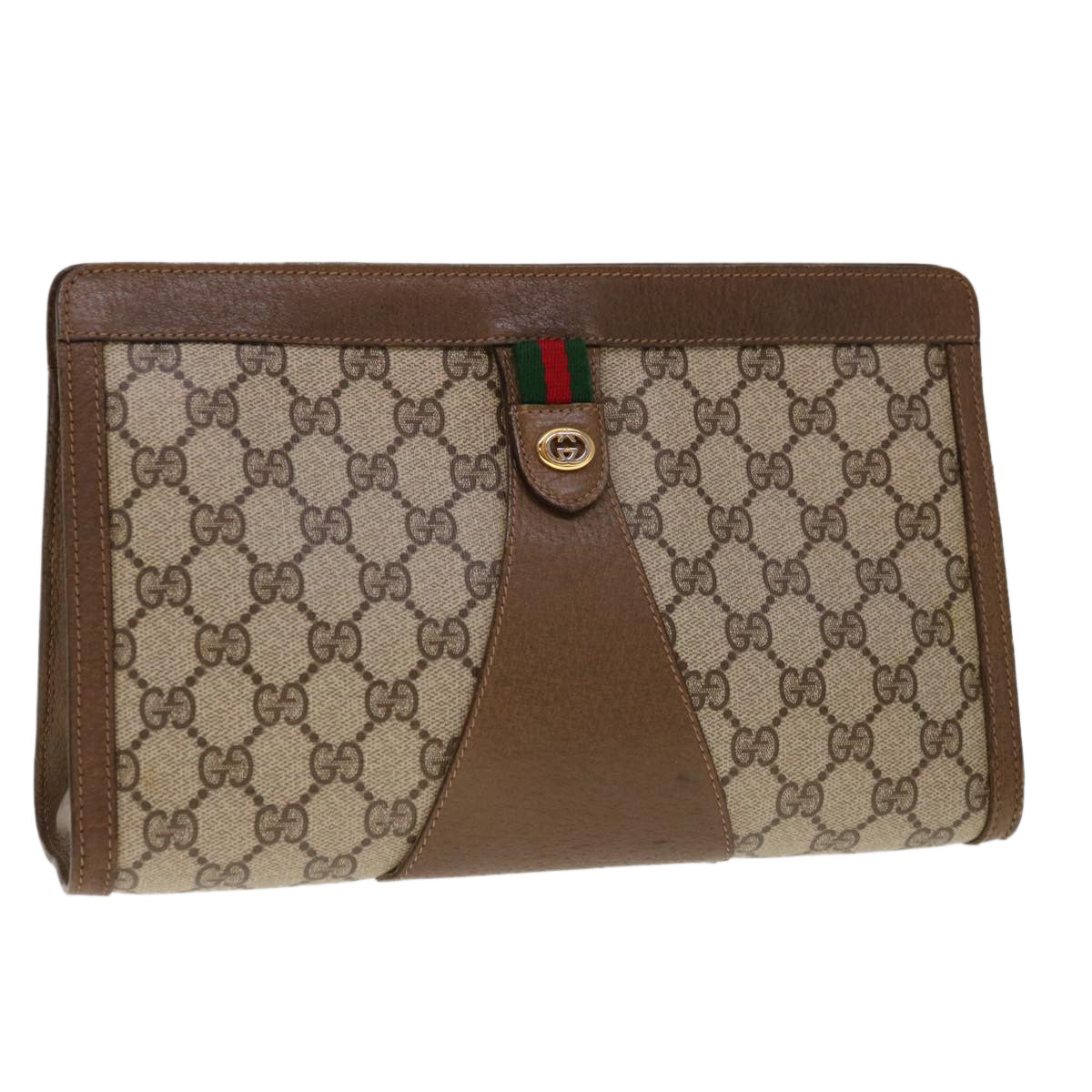 GUCCI GG Canvas Web Sherry Line Clutch Bag PVC Beige Green Red  10292