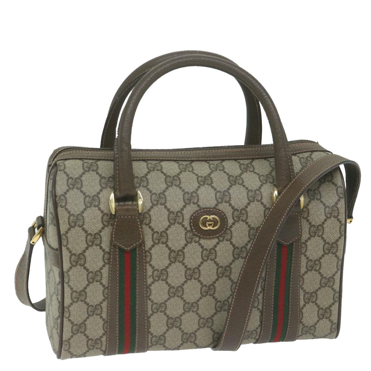 GUCCI GG Canvas Web Sherry Line Boston Bag PVC 2way Beige Green Red  10464