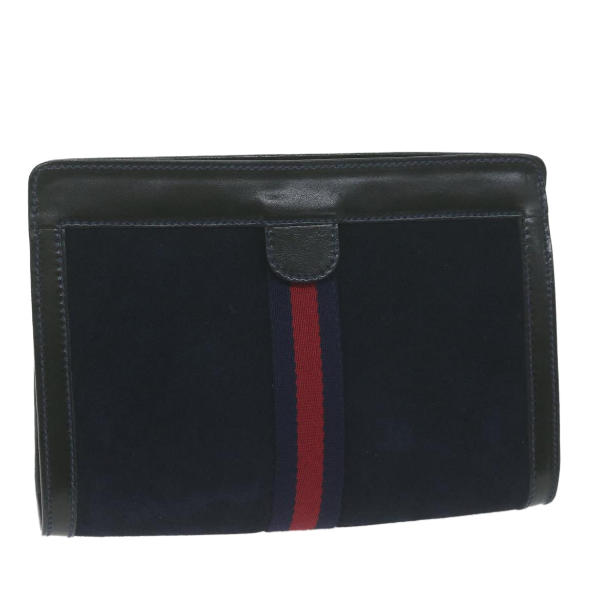GUCCI Sherry Line Clutch Bag Suede Navy Red  10549