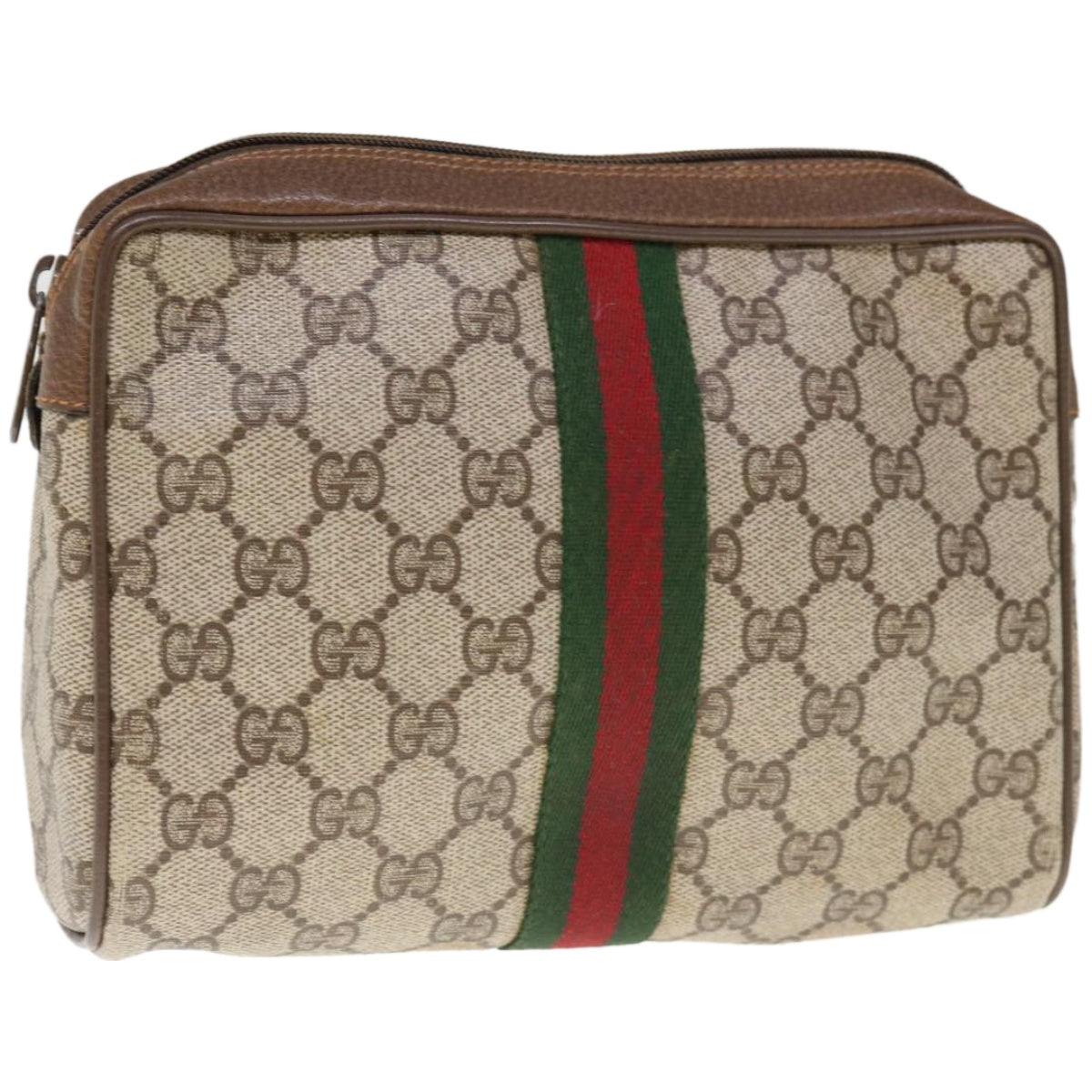 GUCCI GG Canvas Web Sherry Line Clutch Bag PVC Beige Red 89 01 012  10675