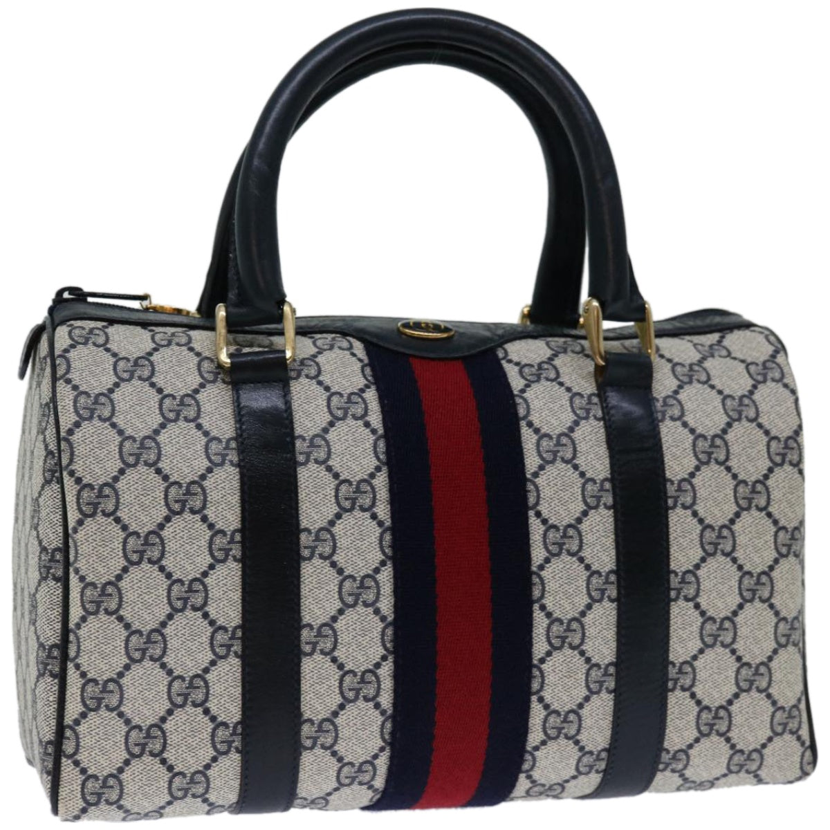 GUCCI GG Supreme Sherry Line Boston Bag PVC Navy Red 010 378  10830
