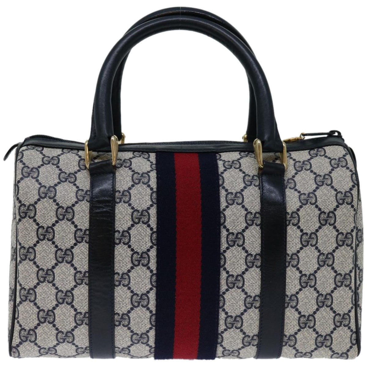 GUCCI GG Supreme Sherry Line Boston Bag PVC Navy Red 010 378  10830