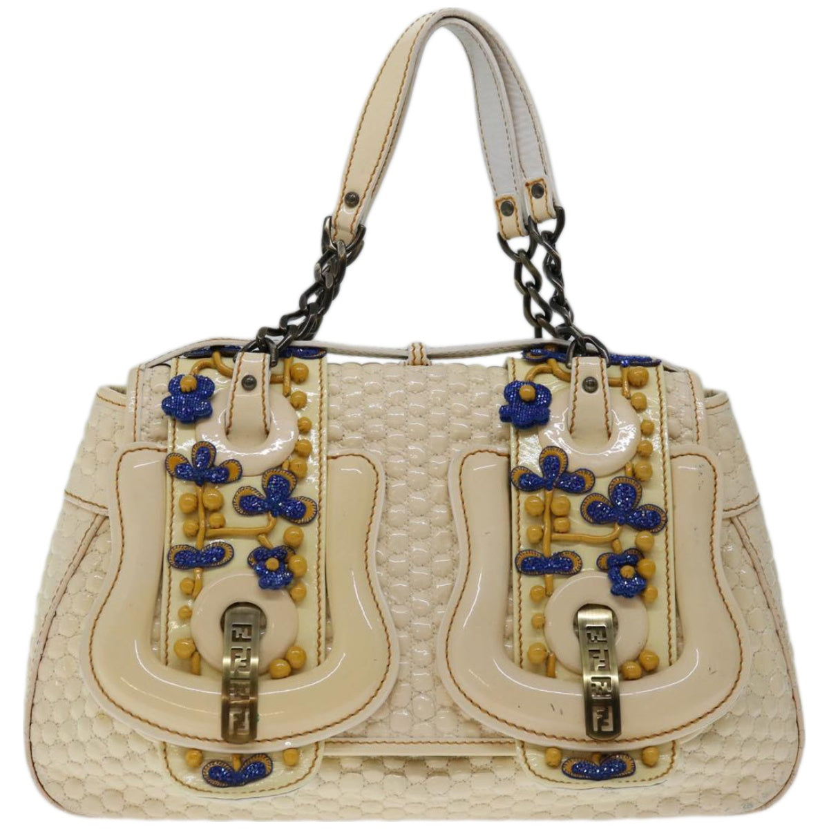 Luxury FendiChain Hand Bag Patent leather Beigeyk10972