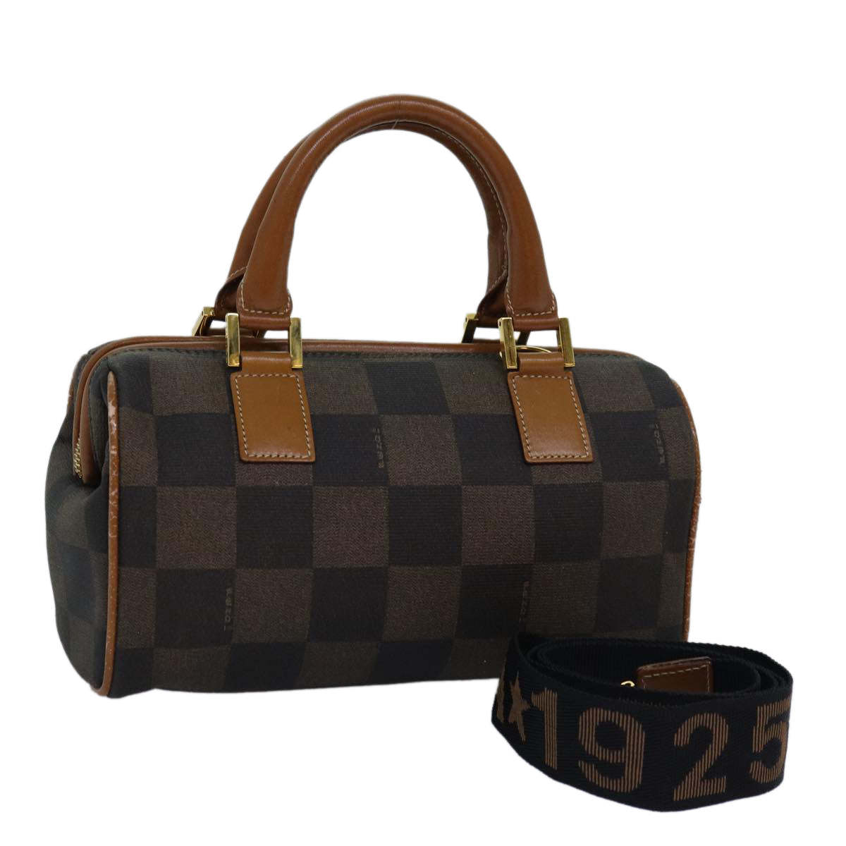 Luxury Fendi Pecan Canvas Hand Bag 2way Brown Blackyk12478