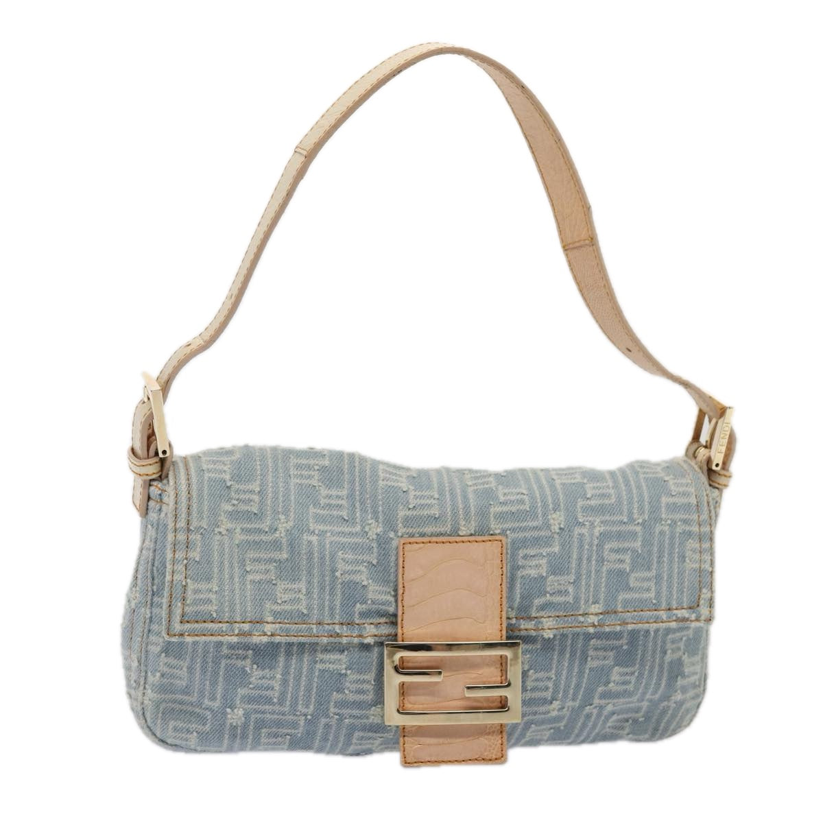 Luxury Fendi Zucca Canvas Mamma Baguette Shoulder Bag Denim Blue Goldyk14276A