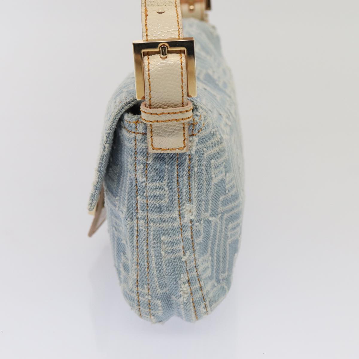 Luxury Fendi Zucca Canvas Mamma Baguette Shoulder Bag Denim Blue Goldyk14276A