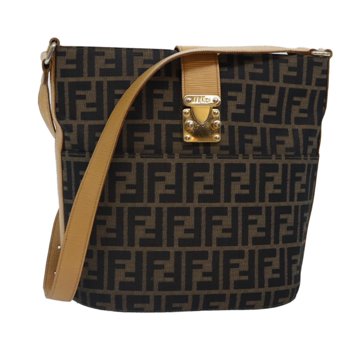 Luxury Fendi Zucca Canvas Shoulder Bag Gold Black Brownyk14581