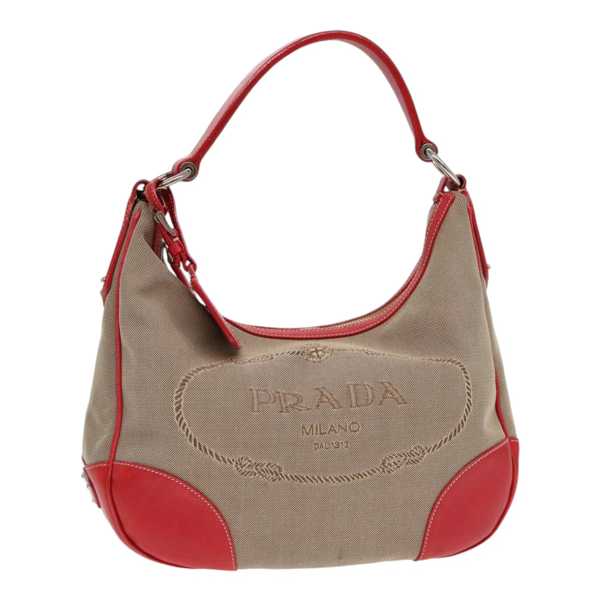 Luxury Prada Shoulder Bag Canvas Leather Red Silver beige  yk14646