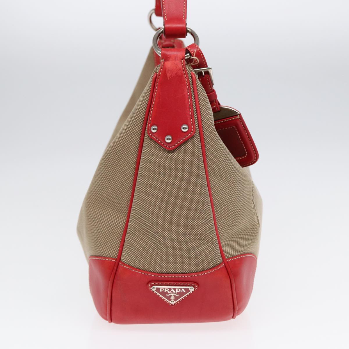 Luxury Prada Shoulder Bag Canvas Leather Red Silver beige  yk14646