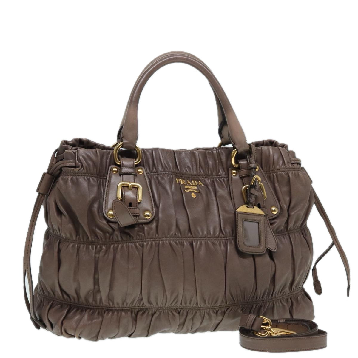 Luxury Prada Gathered Hand Bag Leather 2way Brown Gold  yk14663