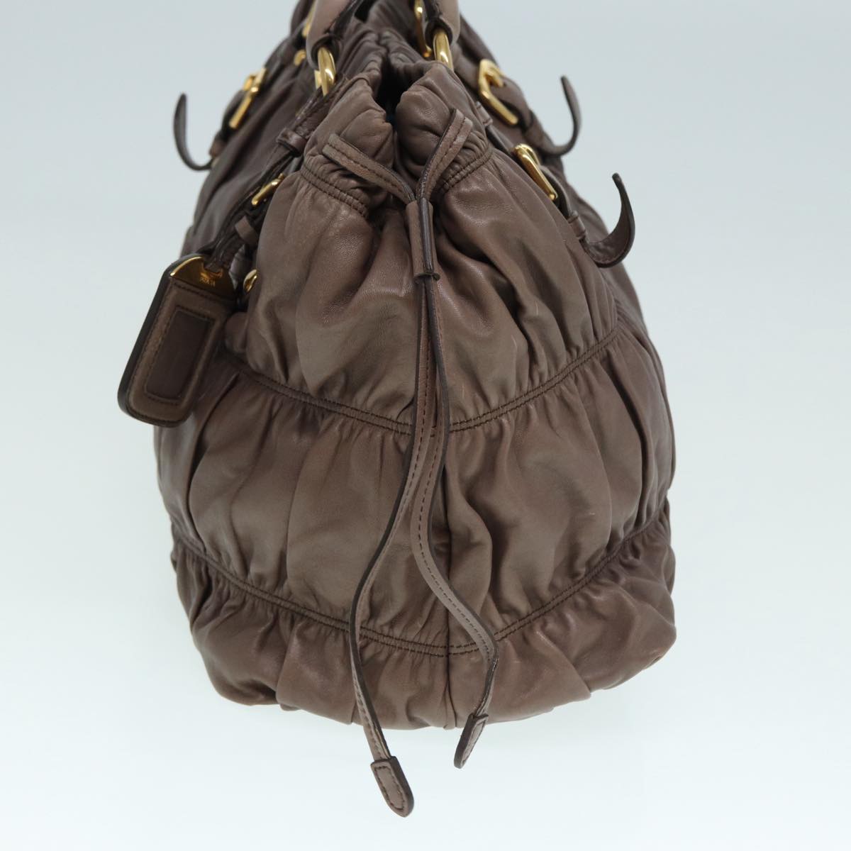 Luxury Prada Gathered Hand Bag Leather 2way Brown Gold  yk14663