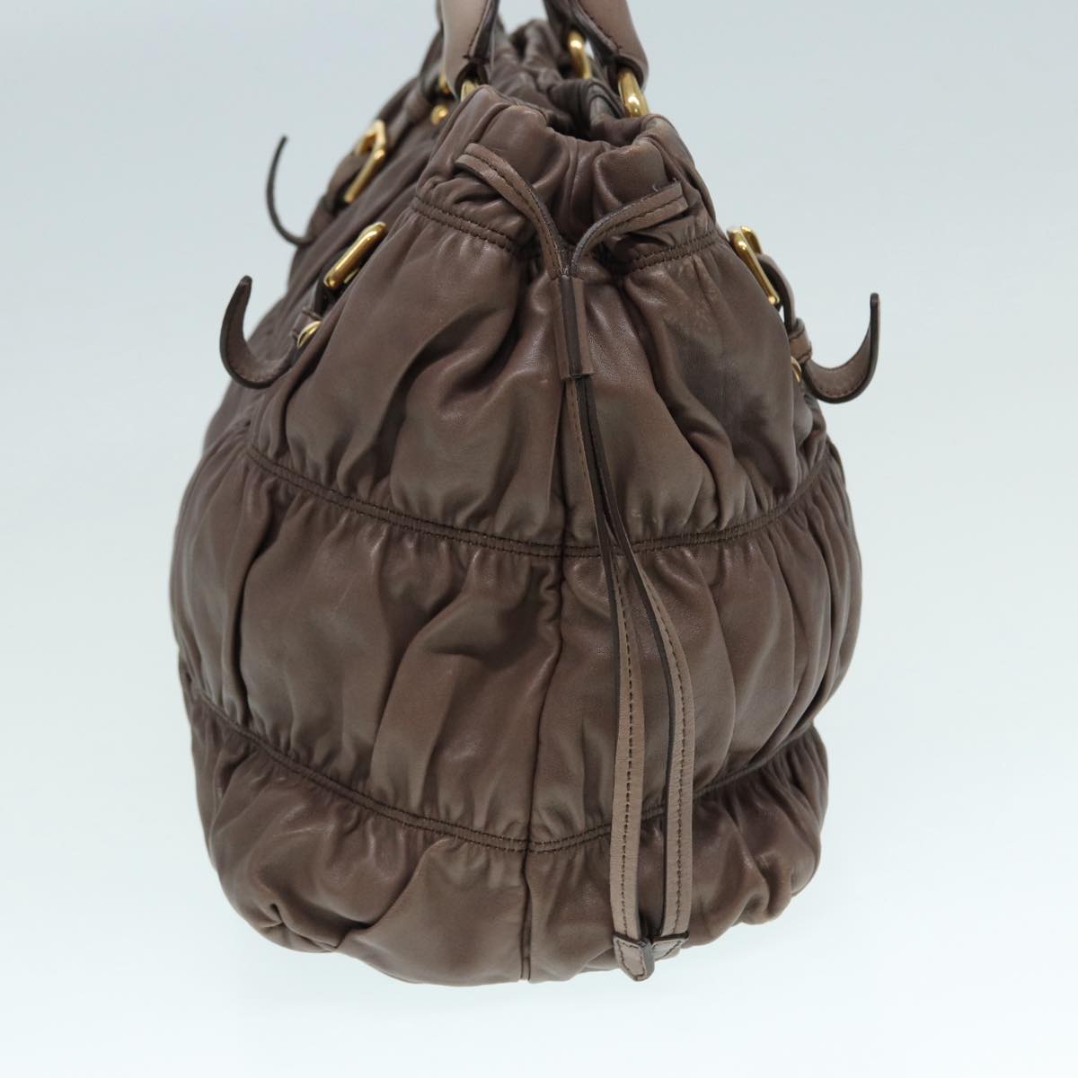 Luxury Prada Gathered Hand Bag Leather 2way Brown Gold  yk14663