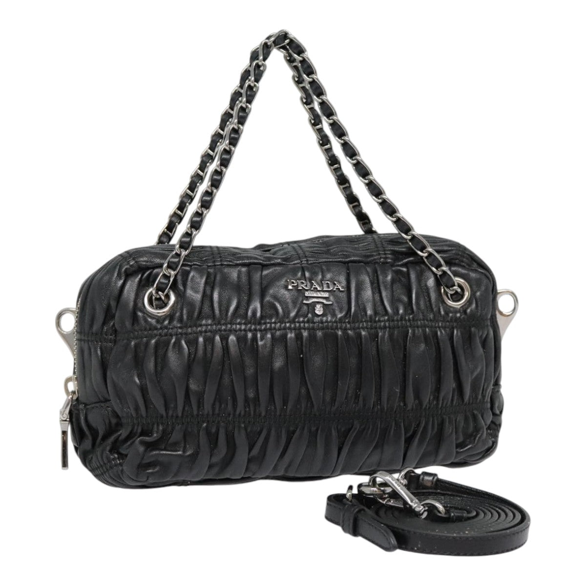 Luxury Prada Chain Gathered Hand Bag Leather 2way Black Silver  yk15035