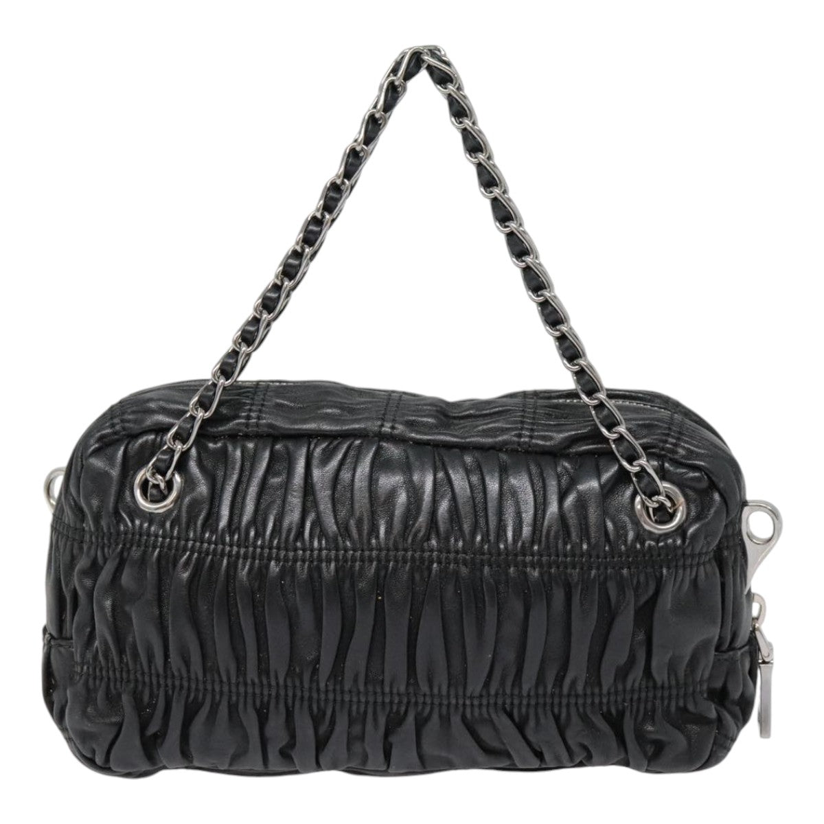 Luxury Prada Chain Gathered Hand Bag Leather 2way Black Silver  yk15035