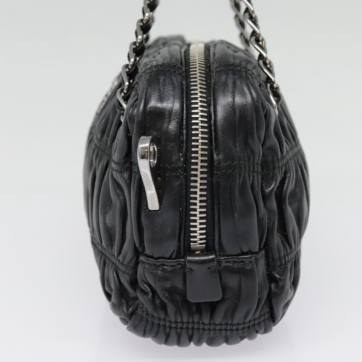 Luxury Prada Chain Gathered Hand Bag Leather 2way Black Silver  yk15035