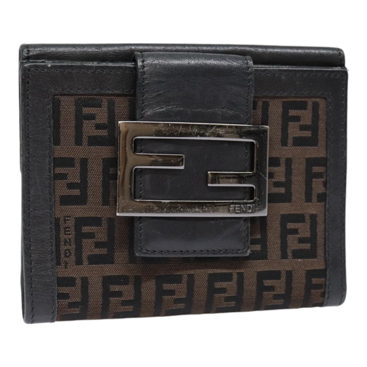 Luxury Fendi Zucchino Canvas Compact Wallet Black Brown Silveryk15088