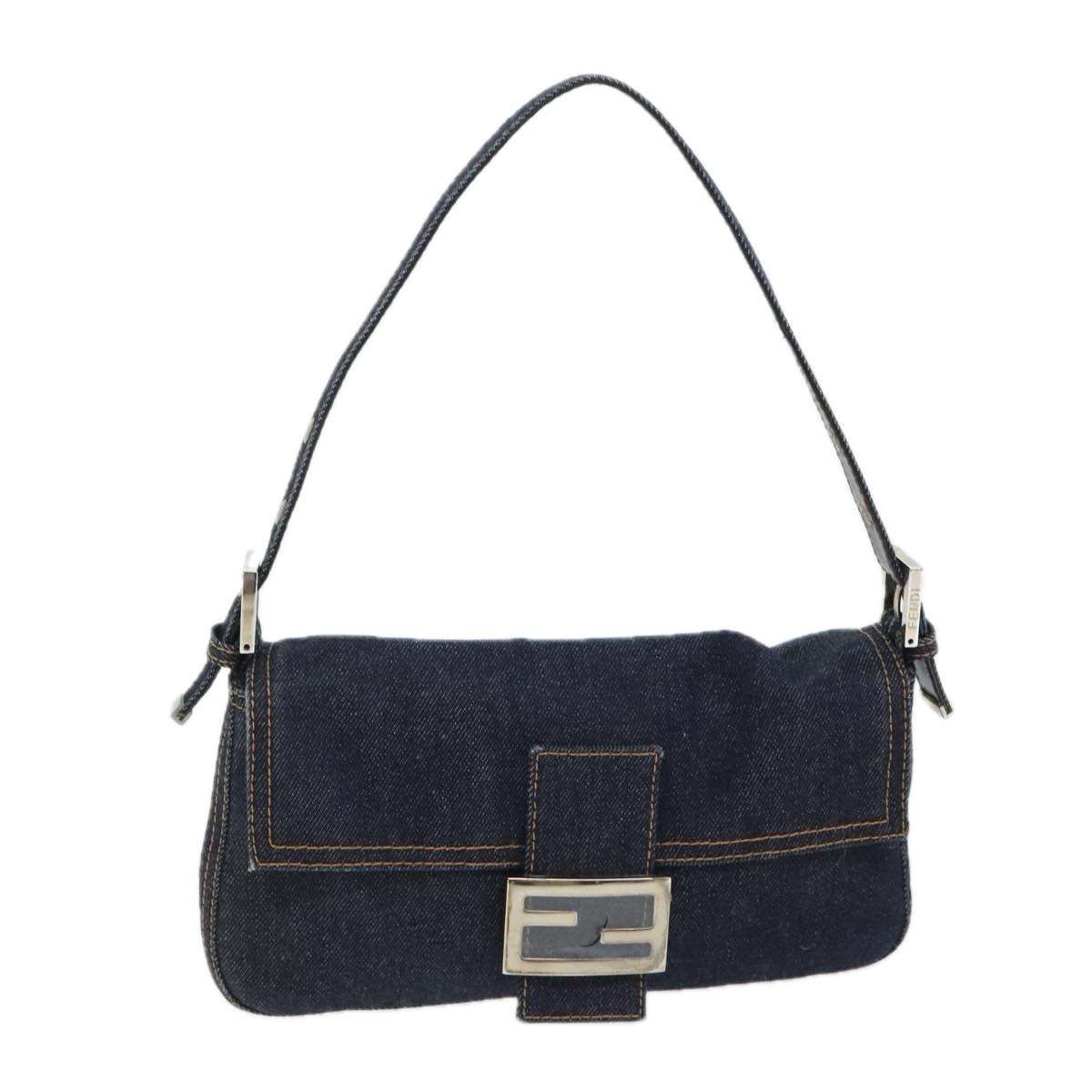 Luxury Fendi Mamma Baguette Shoulder Bag Denim Navy Silveryk15240A