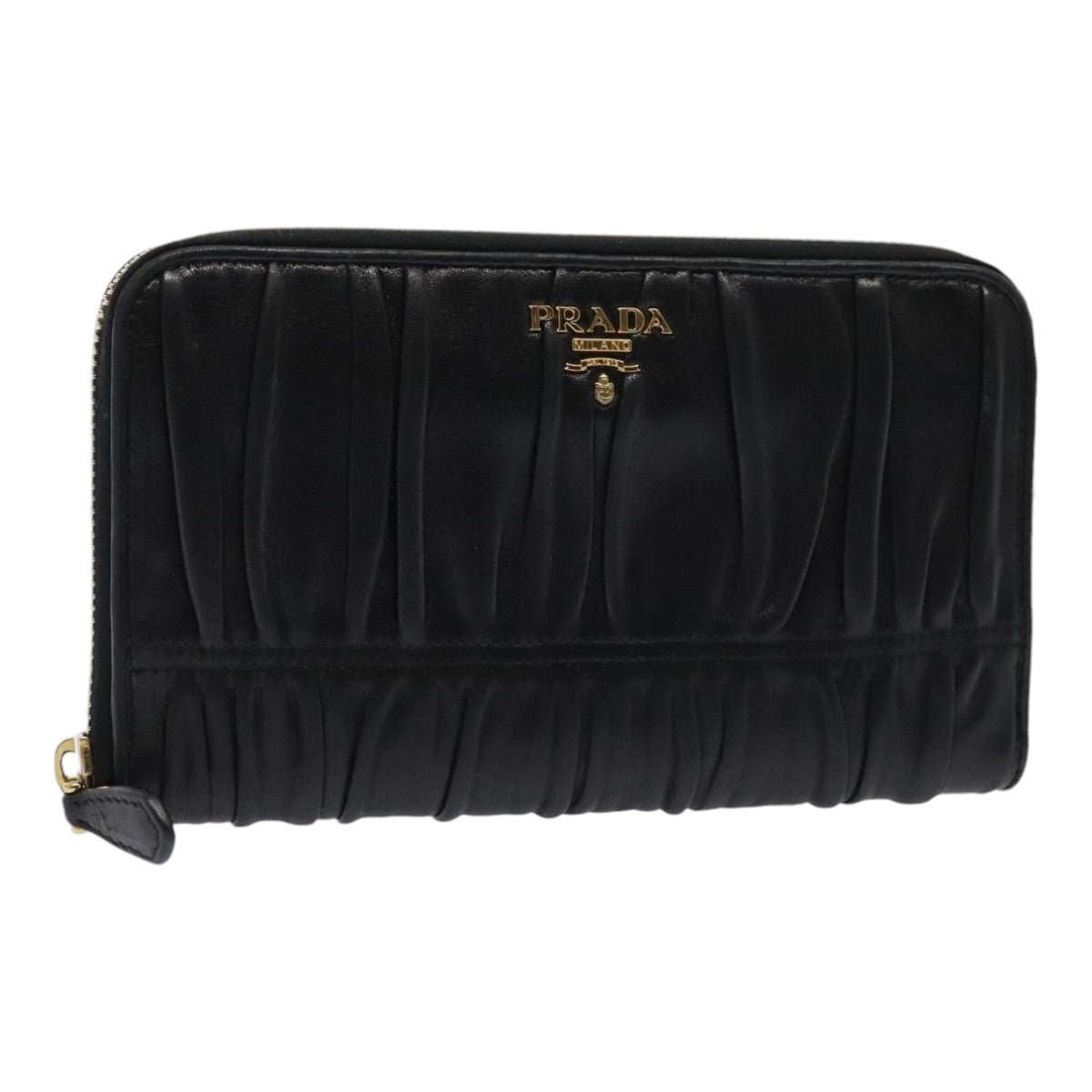Luxury Prada Gathered Wallet Leather Black Gold  yk15313