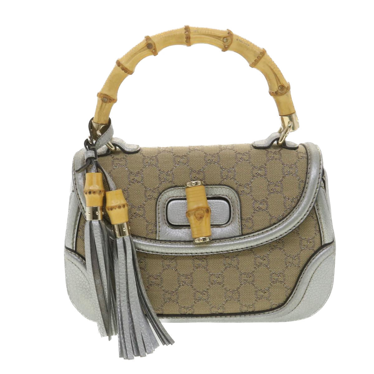 Luxury Gucci GG Canvas Bamboo Hand Bag Beige Silver 254884 Auth yk6106