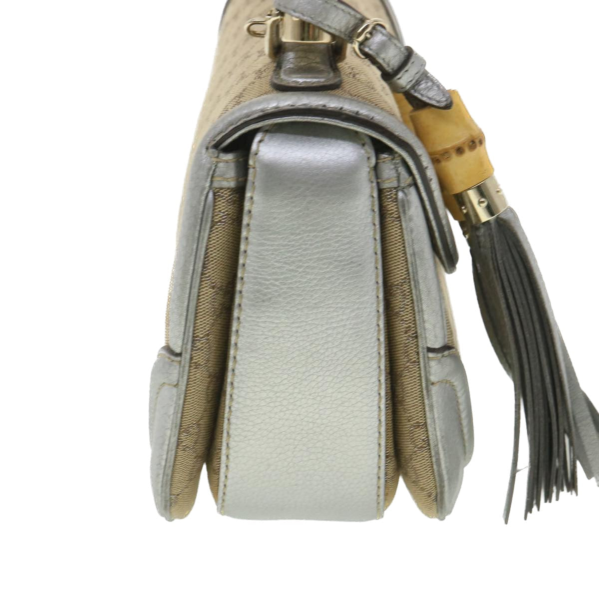 Luxury Gucci GG Canvas Bamboo Hand Bag Beige Silver 254884 Auth yk6106