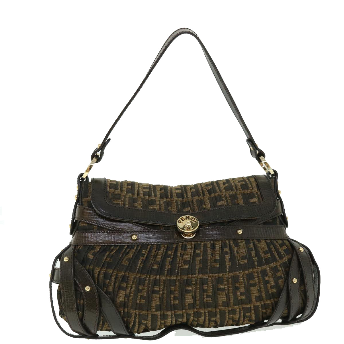 Luxury FendiZucca Canvas Turn Lock Shoulder Bag Black Brownyk8162