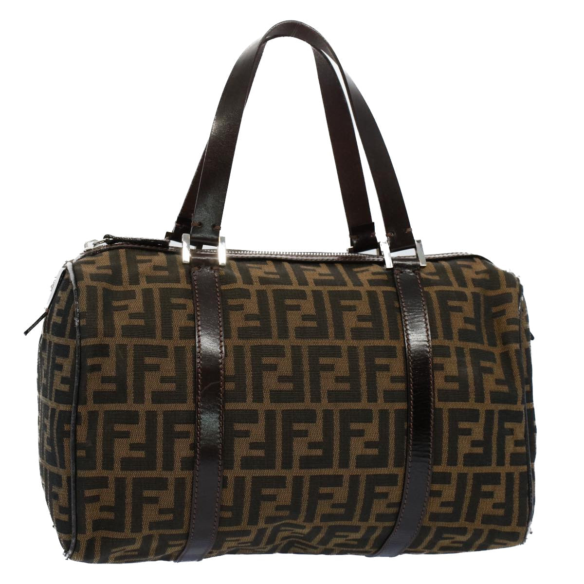 Luxury FendiZucca Canvas Boston Bag Leather Black Brown 2119 16327 089yk9006