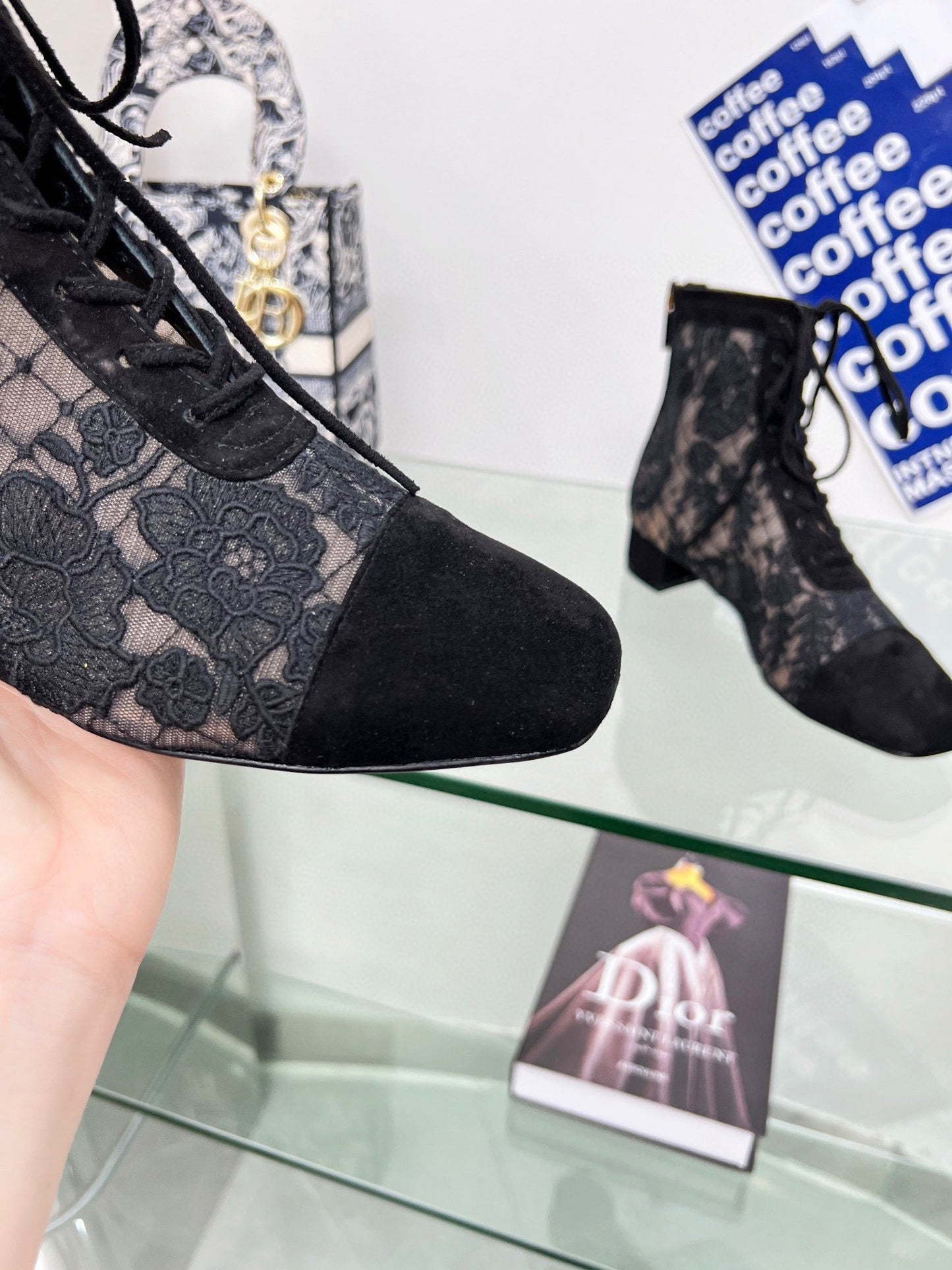 Luxury Diornaughtily-d ankle boot black transparent mesh and suede