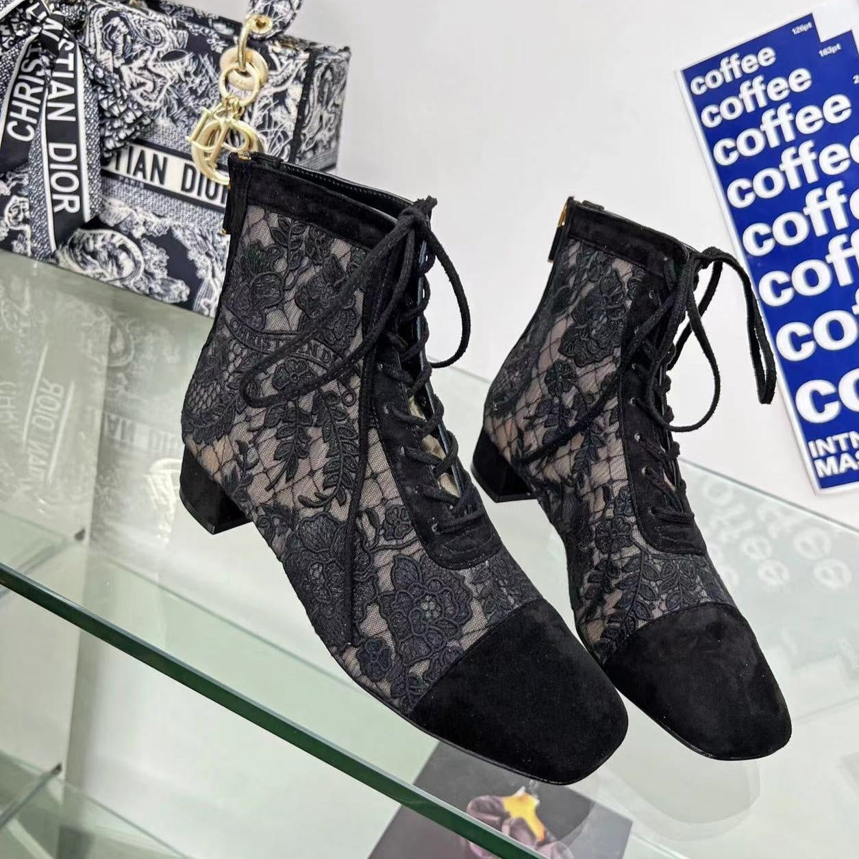 Luxury Diornaughtily-d ankle boot black transparent mesh and suede