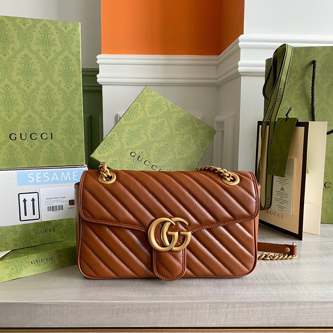 Luxury Gucci GG Marmont 26cm Brown Calfskin Gold Hardware
