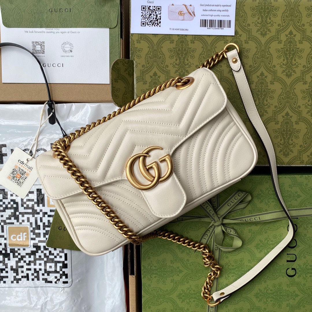 Luxury Gucci GG Marmont 26cm White Calfskin Gold Hardware