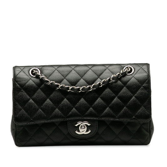 Chanel Matlasse 25 Coco Mark Double Flap Silver Metal Fittings Chain Shoulder Bag Black Caviar Skin