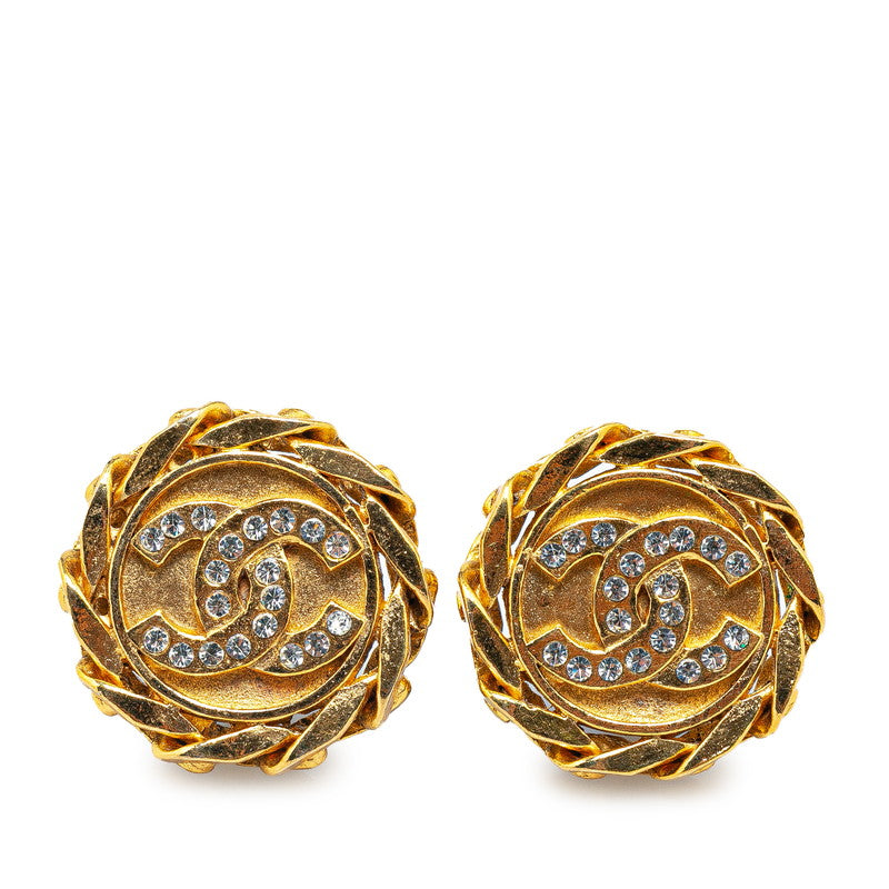 Chanel Vintage Coco Mark Chain Earrings Gold Plated Rhinestones