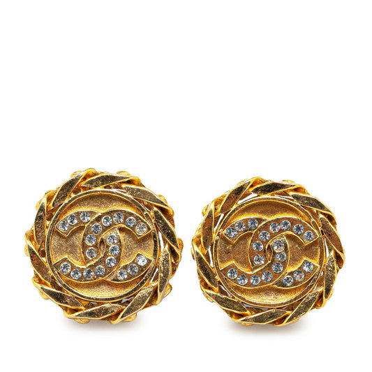 Chanel Vintage Coco Mark Chain Earrings Gold Plated Rhinestones