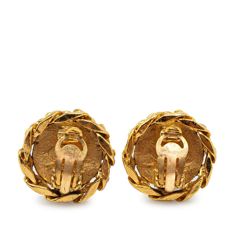 Chanel Vintage Coco Mark Chain Earrings Gold Plated Rhinestones